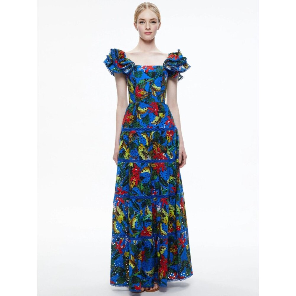 Alice + Olivia Tawny Eyelet Squre Neck Maxi Dress 8 in Tropical Sunrise Sapphire